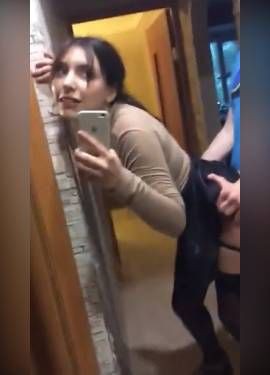 girlfriend fucked in the hallway while her parents watch tv